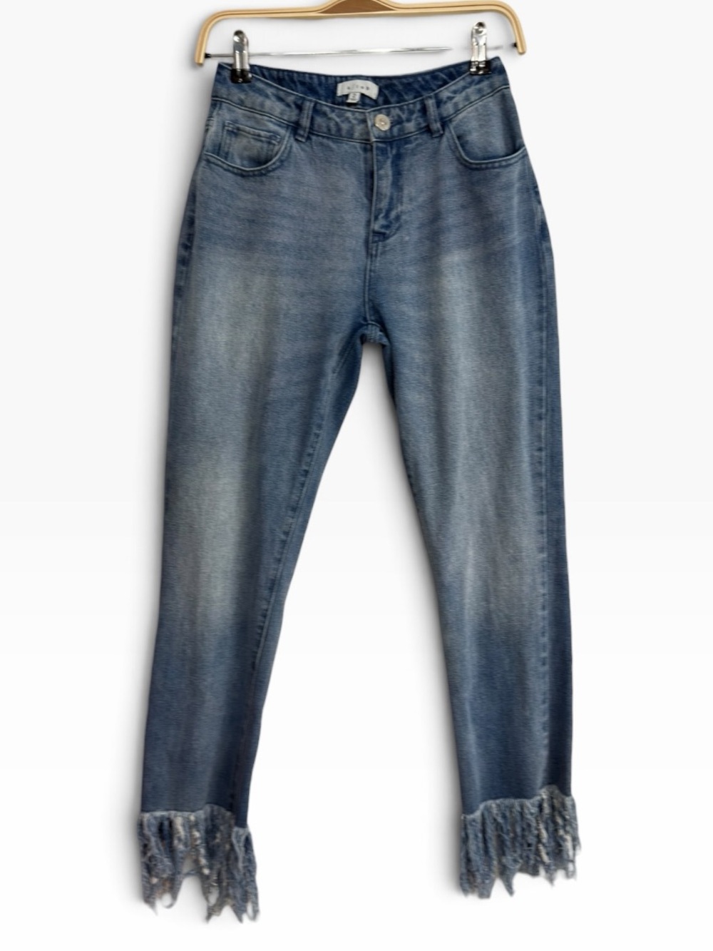 K/Lab High Waisted Fringe Hem Jeans Womens Size 2 Medium Wash Distressed Denim